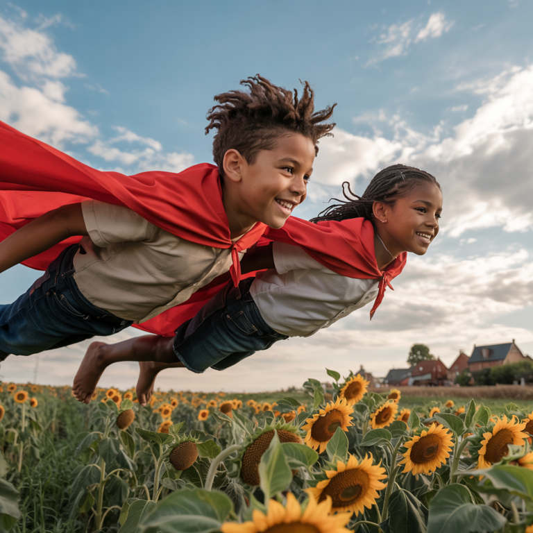 Two children flying through the air over a field of sunflowers.